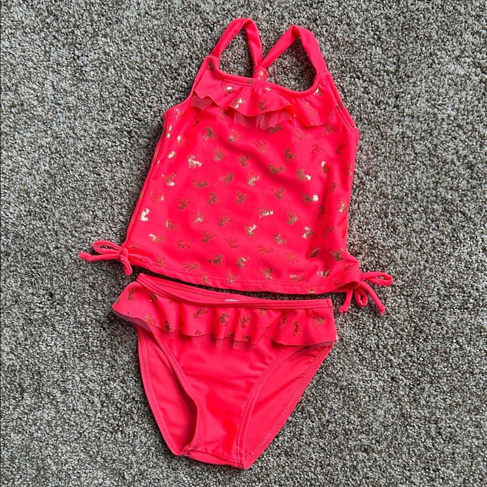 Kids 2 Piece Bright Coral Colored Unicorn Tankini, Size 18 Months